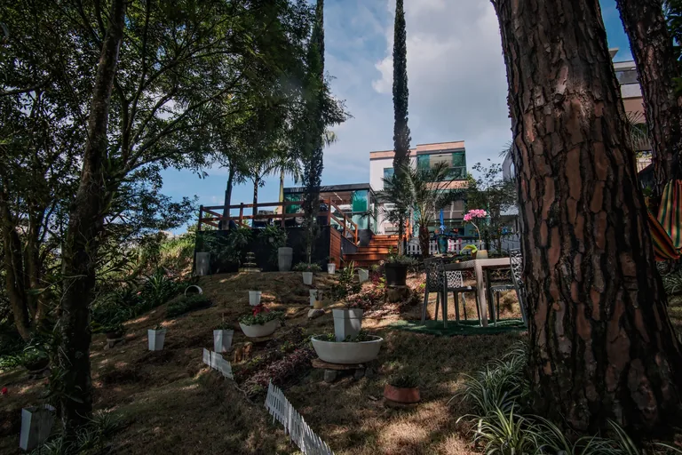 Jardim com lago de carpas